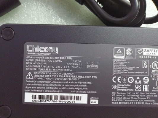 New Original Chicony MSI A20-330P1A A330A018P GP76 19.5V 16.92A 330W AC Adapter