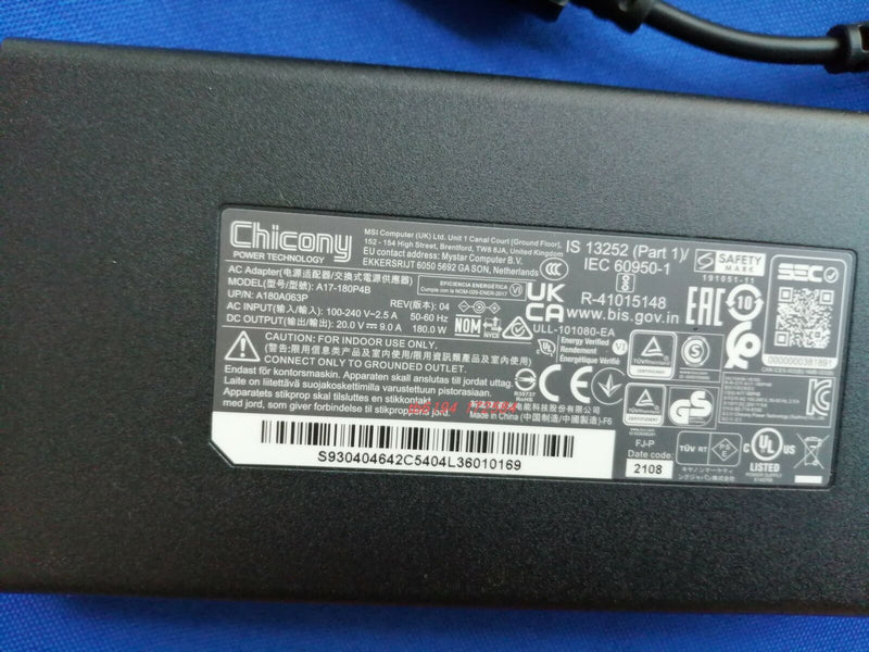 New Original Chicony 180W 20V AC Adapter for MSI Katana GF76 11UG-090 A17-180P4B