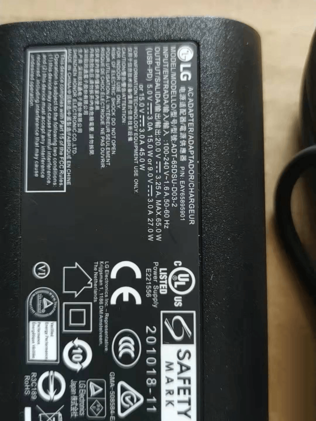 New Original LG 65W USB-C AC Adapter for LG gram 14T90P-K.AAG9U1 ADT-65DSU-D03-2