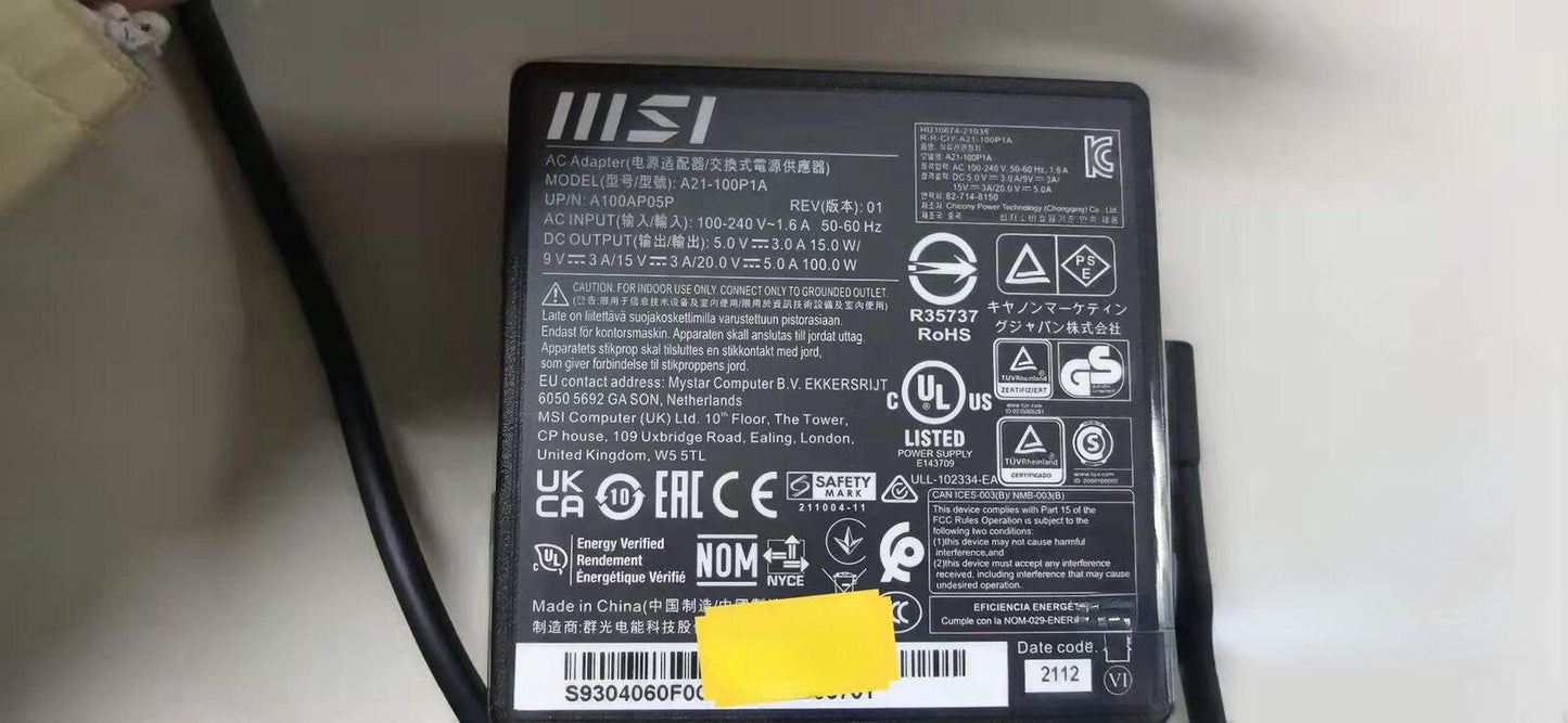 Original NEW 20V 5A USB-C 100W A21-100P1A For MSI Gaming Laptop OEM AC Adapter