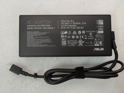 Official specification label of ADP-280EB F OEM 280W power supply showing 20.0V 14.0A output for ASUS ROG Strix G18