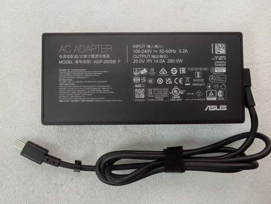 Official specification label of ADP-280EB F OEM 280W power supply showing 20.0V 14.0A output for ASUS ROG Strix G18