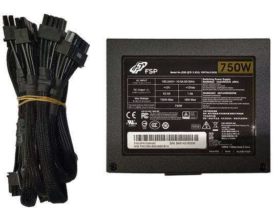 Technical specifications label for MSI PSU showing 750W output and 80 Plus Gold certification