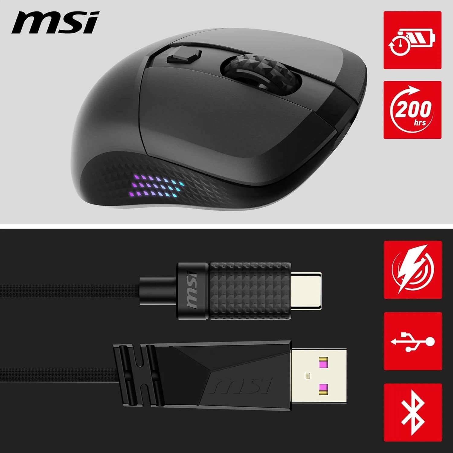 MSI Versa 300 Elite wireless mouse on a gaming desk setup with a high-performance mousepad