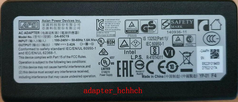 New Original OEM APD 19V 3.42A Adapter for Intel NUC NUC7JY BOXNUC7CJYH DA-65C19