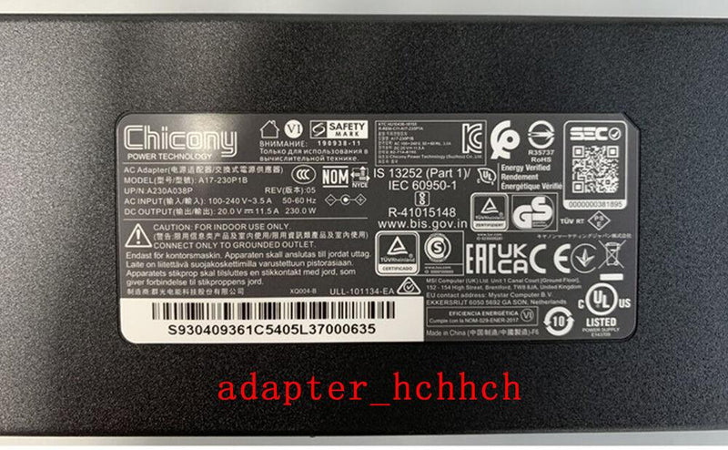 New Original Chicony 230W 20V Adapter for MSI WS76 11UK-470/i7-11800H A17-230P1B