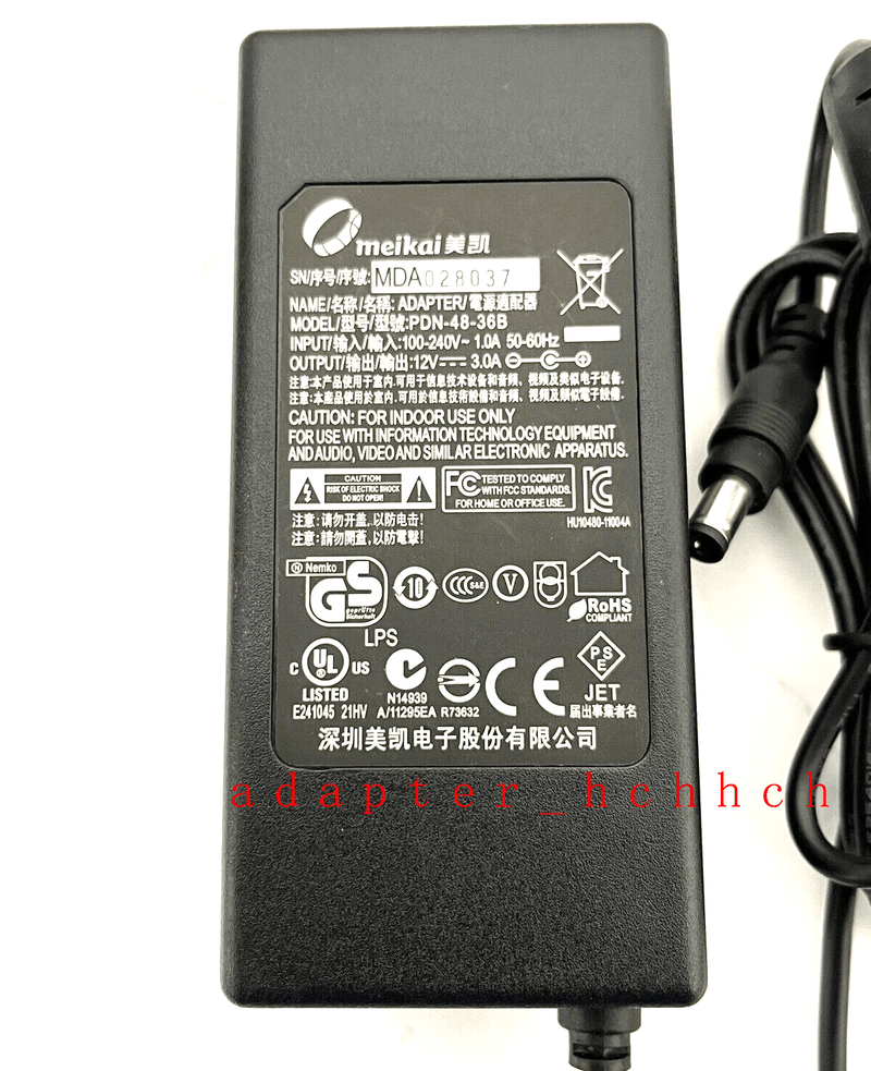 New Original OEM Meikai PDN-48-36B 12V 3.0A 36W 5.5mm x 2.1mm AC/DC Adapter&Cord