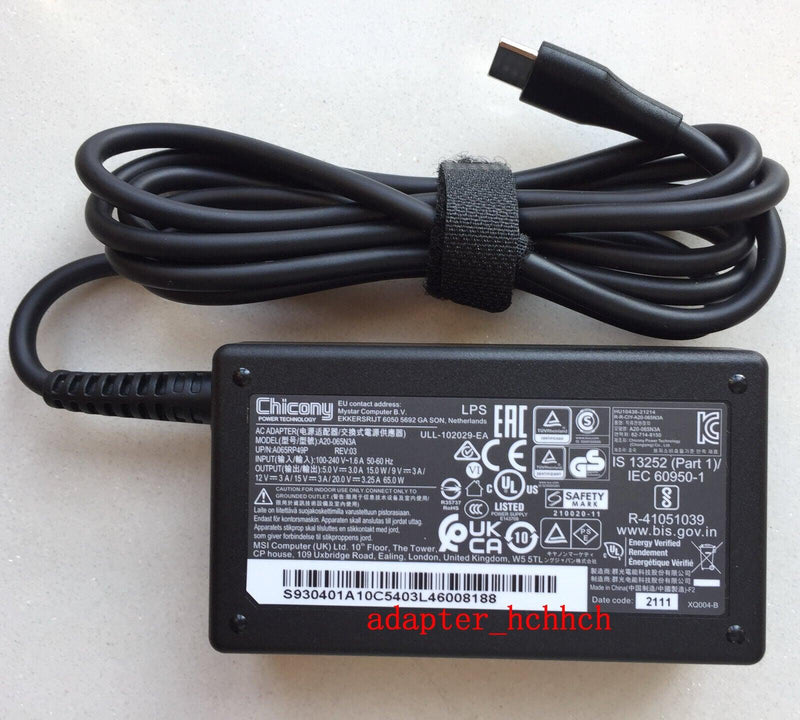 New Original Chicony 65W USB-C Adapter&Cord for VAIO SX12 VJS125 Series Notebook